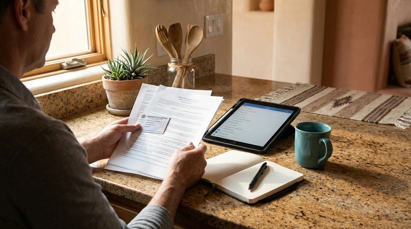 Homeowner reviewing roofing contract and license information